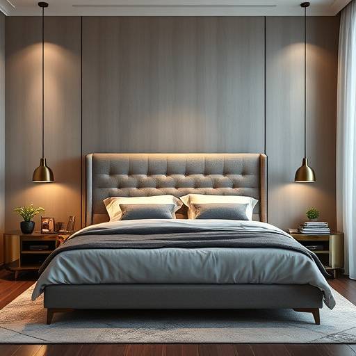 Cama de casal em estilo contemporâneo com cabeceira acolchoada.