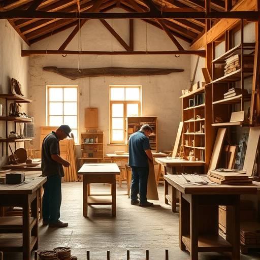 Interior da marcenaria da Móveis Vanguarda Artesanal, mostrando artesãos trabalhando com madeira.