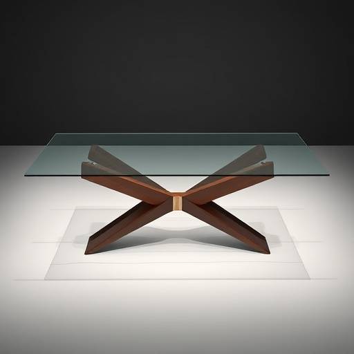 Mesa de jantar moderna com tampo de vidro e base de madeira escura.