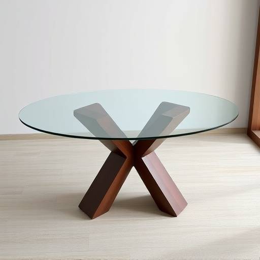 Mesa de jantar moderna com tampo de vidro e base de madeira escura.